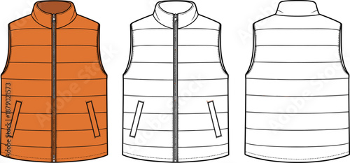 Vector technical flat sketch of a quilted puffer vest gilet, featuring high collar, front zipper, side pockets, for outerwear, sportswear, apparel design, fashion garment template.