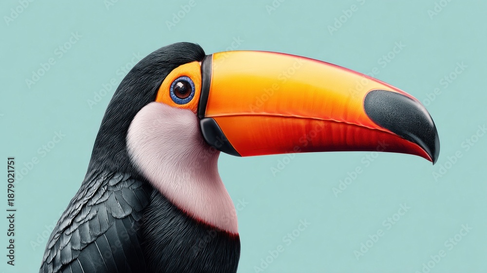 Obraz premium Close-up of a vibrant toucan bird with a large, colorful beak against a teal background