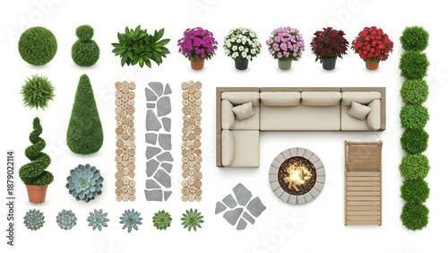 Top View Patio Furniture and Decorative Garden Plants on White Background