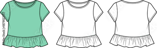 Vector technical flat sketch of a women's peplum top, featuring short sleeves, round neck, and ruffled hem, for casual apparel design and fashion template.