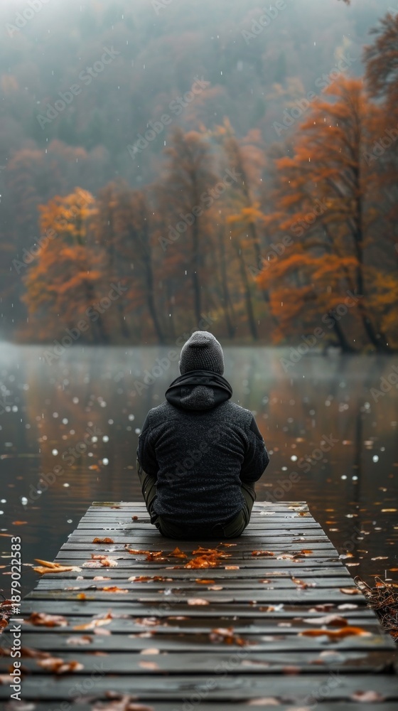 Fototapeta premium A solitary figure on a wooden pier surrounded by autumn forest and light rain conveys a mood of peace and reflection, suitable for the background of meditative apps or literary covers.