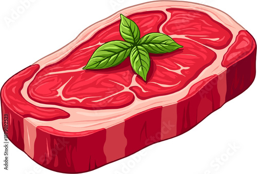 Raw beef steak with fresh basil leaf isolated on white background realistic butcher meat illustration for grocery packaging and restaurant menu design