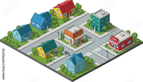 An isometric illustration depicts a vibrant small town or neighborhood with colorful houses, shops, and tree-lined streets converging at an intersection.