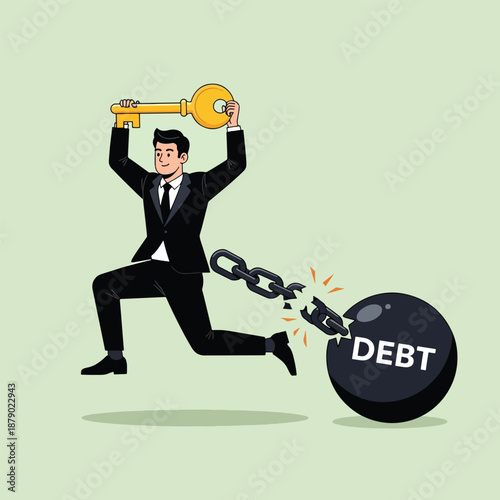 Businessman Breaking Free from Debt with a Key Illustration.