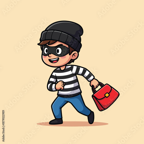 Cartoon Thief Running with Stolen Bag.