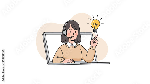 Customer Service Representative with Idea Lightbulb on Laptop Screen.