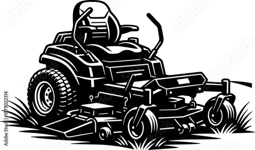 Black and white zero turn lawn mower on grass vector for apps and websites