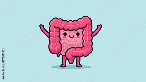 Cute Cartoon Intestine Character with Happy Face.