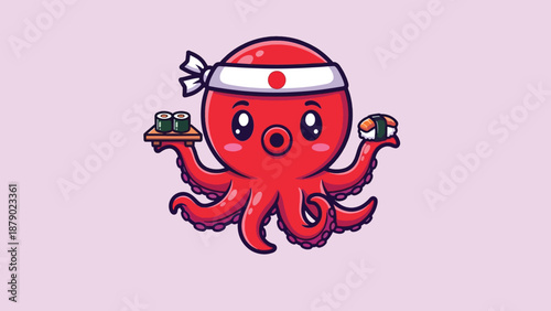 Cute Cartoon Octopus Chef Serving Sushi.