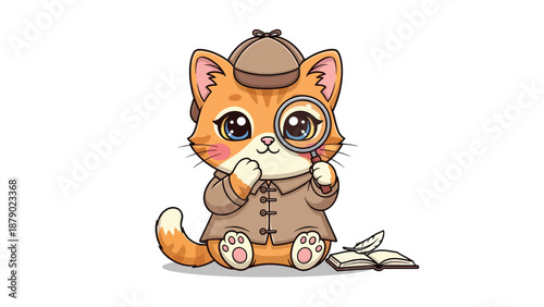 Cute cartoon orange tabby kitten detective with magnifying glass and hat.