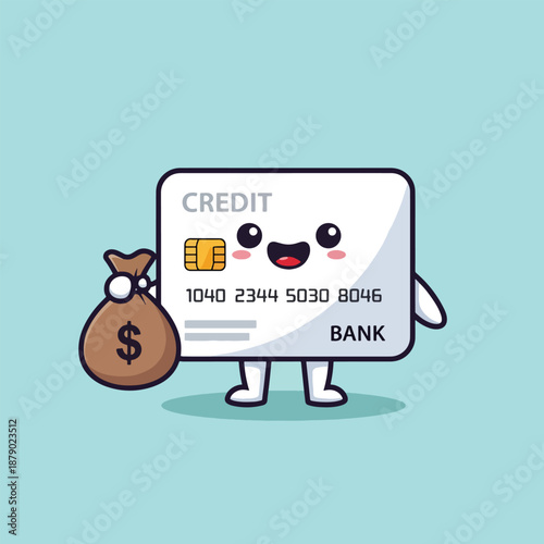 Cute Credit Card Character Holding Money Bag.