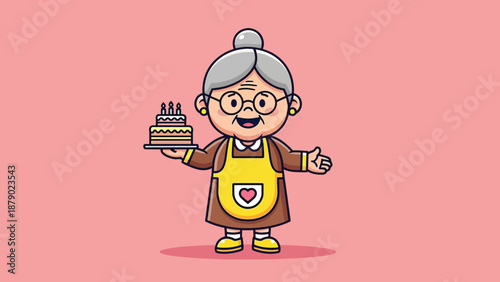 Cute Grandma Holding Birthday Cake with Candles.