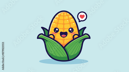 Cute Kawaii Corn Character with Heart Icon.