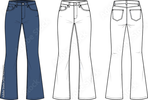 Vector technical flat sketch of women's flared denim jeans, featuring high waist, button fly, front and back pockets, bootcut silhouette for apparel design, fashion template.