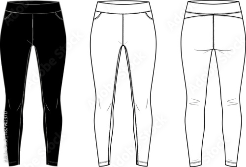 Vector technical flat sketch of women's leggings, featuring elastic waistband, slim fit, seam details, for athletic wear, yoga, sportswear apparel design template, fashion mockup.