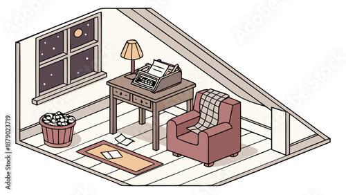 Isometric Attic Writer's Nook with Typewriter and Armchair,  Cozy writer's nook located in an attic. The scene includes a vintage typewriter on a wooden desk, a comfortable armchair with a blanket, 