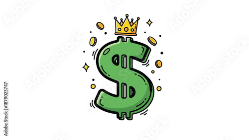 Green Dollar Sign with Crown and Coins Illustration.