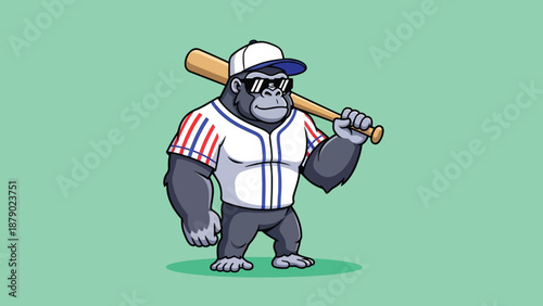 Gorilla Baseball Player Cartoon Character Holding Bat.