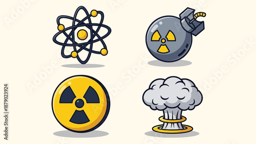 Set of four icons representing nuclear energy and atomic symbols.