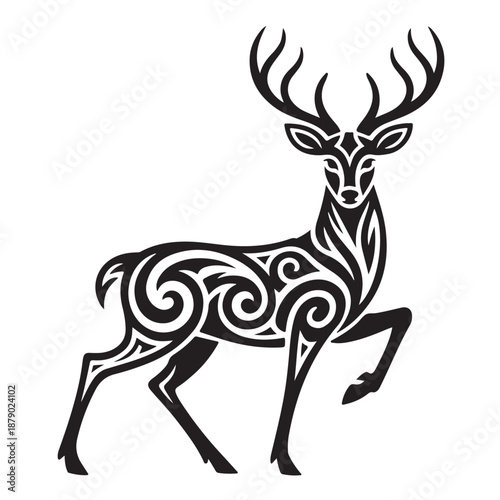 Tribal deer design with elegant swirling patterns and antlers