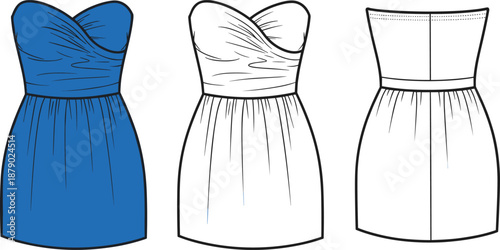 Vector technical flat sketch of women's strapless dress, featuring sweetheart neckline, draped bodice, and gathered skirt, for fashion design template, technical drawing, and apparel mockup.