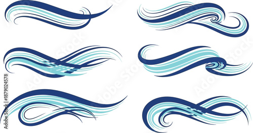 A set of elegant blue and light blue abstract swirls and wave designs, creating a dynamic and fluid sense of motion.