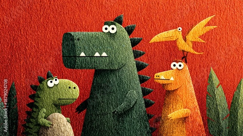 Colorful cartoon dinosaurs with vibrant background and playful elements