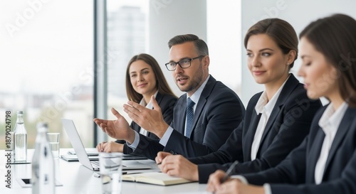 Business professionals in a conference room engaged in a discussion with a city view background corporate meeting modern office setting