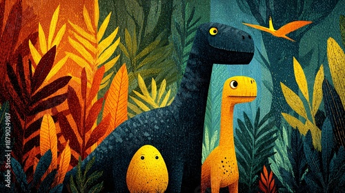 Playful Dinosaurs in Colorful Jungle Landscape with Vibrant Flora