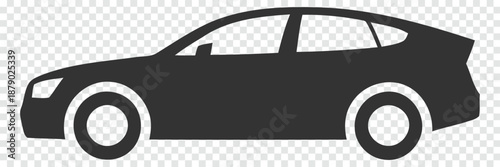 Silhouetted depiction of a modern passenger car with visible tires and sleek body shape high quality
