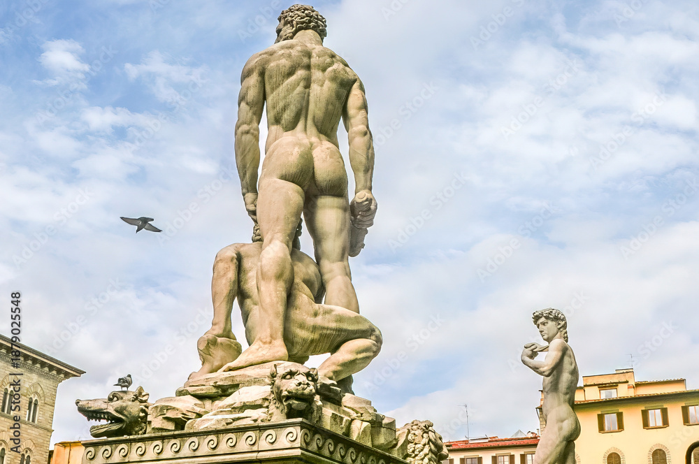 Fototapeta premium Fontana del Nettuno and David copy in the Piazza della Signoria, Firenze, Italy