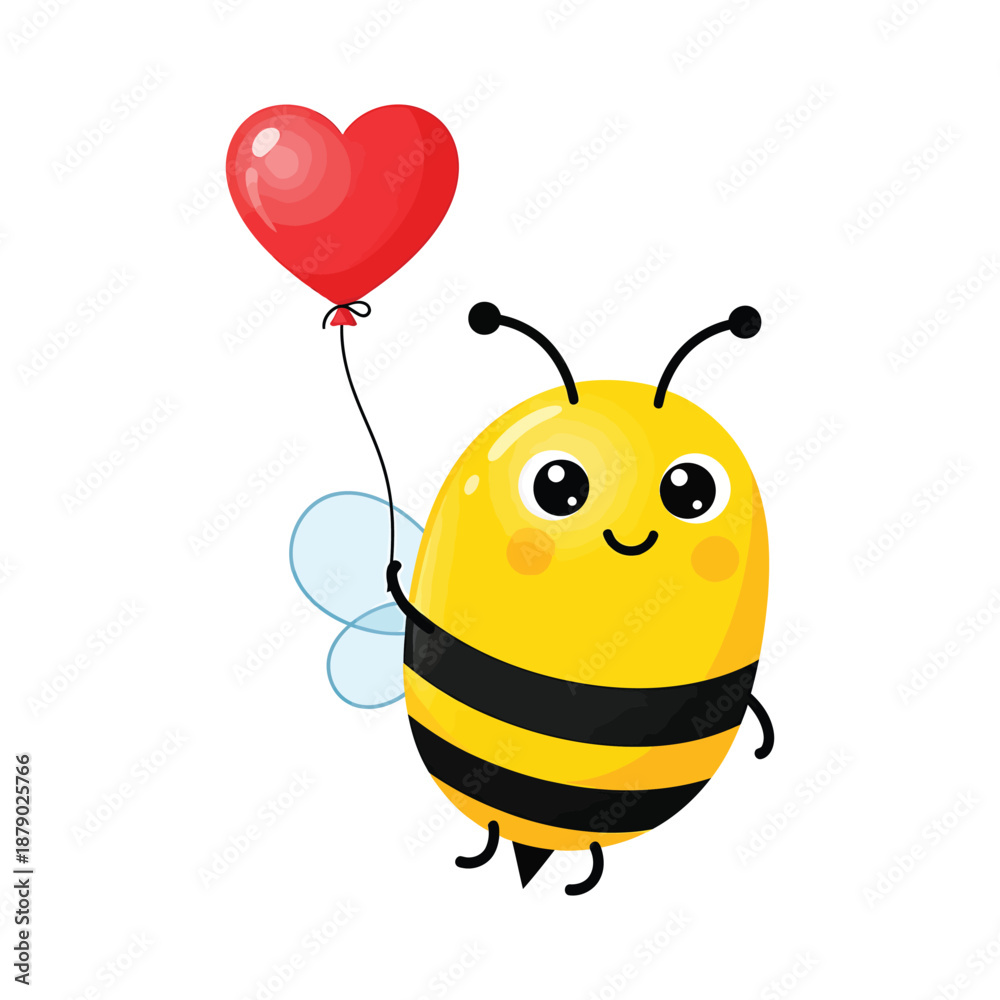 Obraz premium Cute Bee Flying with Heart Balloon, Adorable Love Illustration on White Background