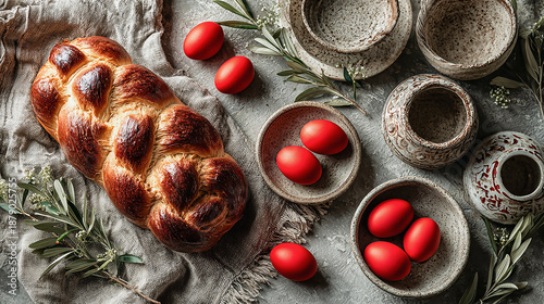 Greek Easter table: tsoureki bread, red eggs, olive leaves, symbolic Easter atmosphere.
