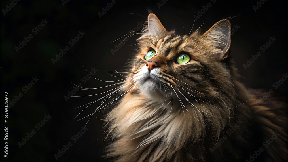 Fototapeta premium Majestic Long Haired Tabby Cat with Striking Green Eyes Looking Up