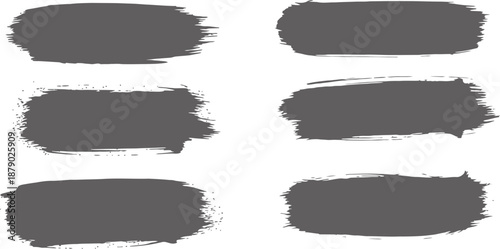 Six isolated horizontal dark grey textured paint brush strokes, featuring rough edges and a slightly varied opacity, ideal for creative design backgrounds or text highlights.