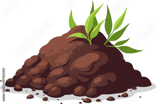 Soil and grass illustration with earth mound and green sprouts, gardening, farming and planting concept