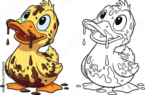 Messy Cartoon Duckling Covered in Chocolate Adorable Animal Illustration for Kids Food and Fun