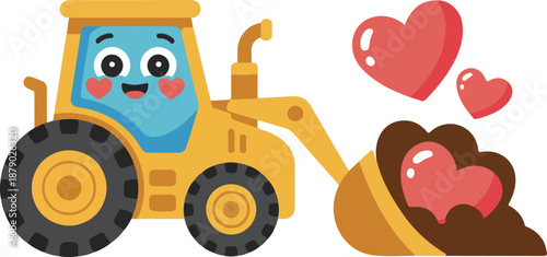 Cute Valentine Construction Tractor Vector Kids Bulldozer Digging Hearts