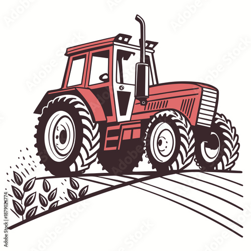 Red tractor harvesting wheat