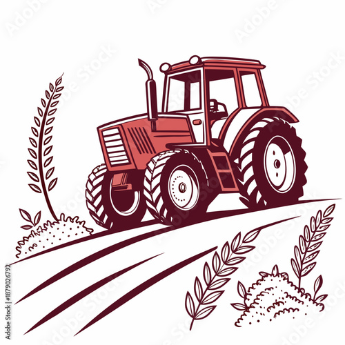 Red tractor in a field