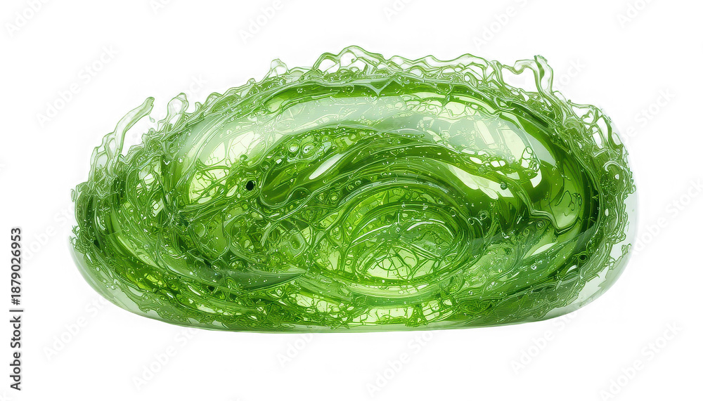 Obraz premium Abstract microscopic view of swirling vibrant green cellular structures resembling biological matter on transparent background