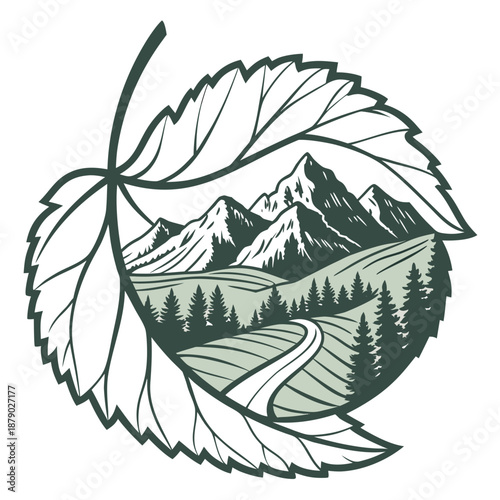 Leaf framed mountain landscape