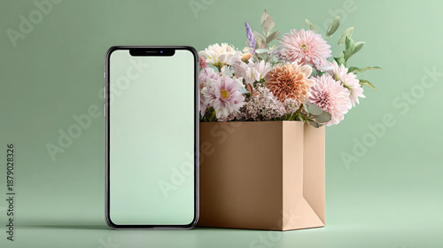 Eco-friendly paper bag filled with fresh flowers, accompanied by a smartphone with a blank white screen. Mockup for online flower orders and delivery services