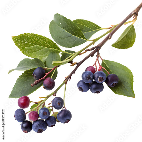 Vibrant saskatoon or serviceberry branch with ripe and unripe fruit against a dark background