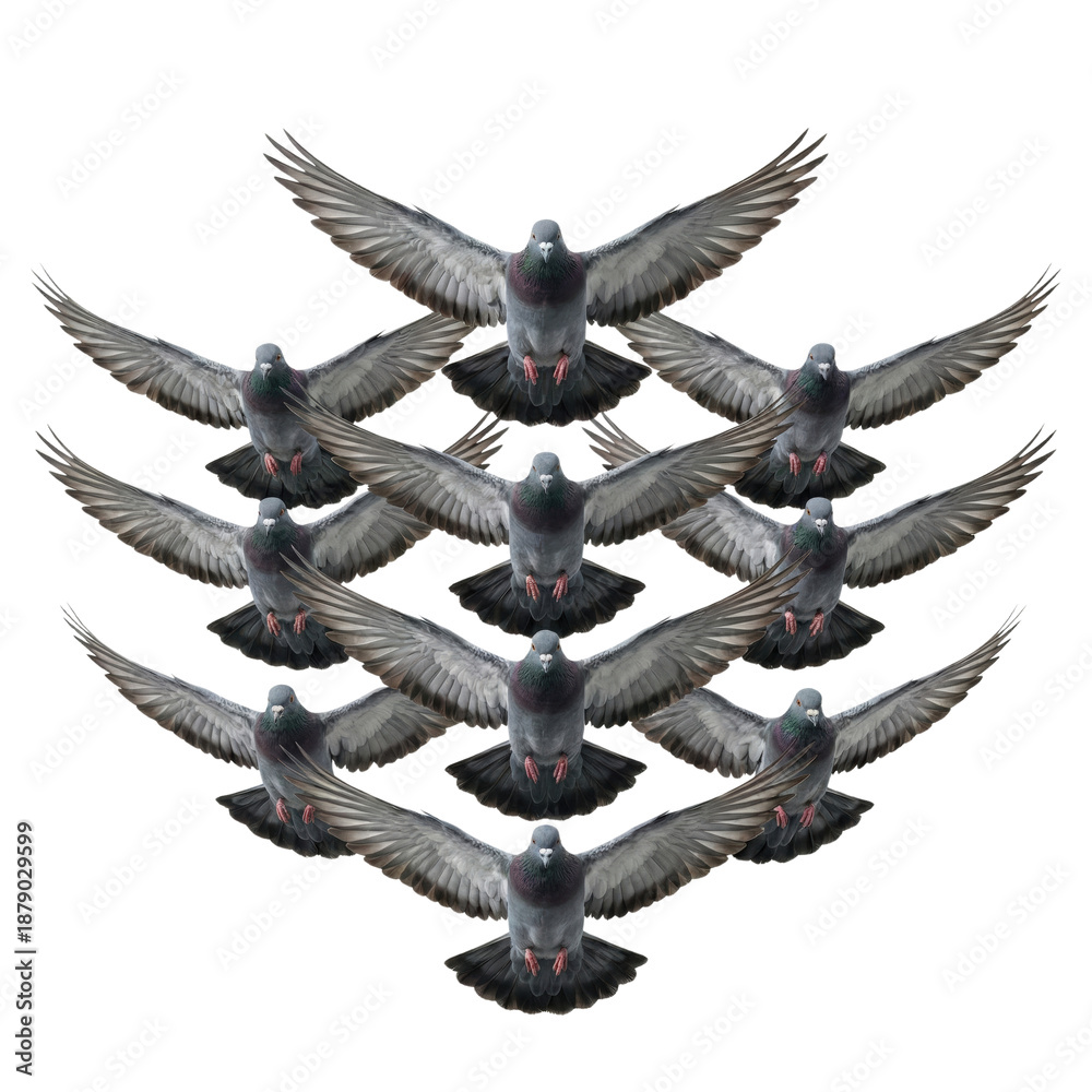 Fototapeta premium Flock of pigeons flying in diamond formation isolated. Birds migrating together.