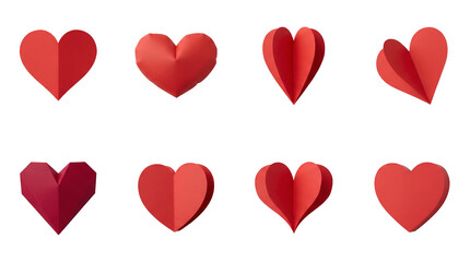 Red paper heart set including various origami, folded, and curved shapes isolated. Valentine's day decoration and romantic craft collection.