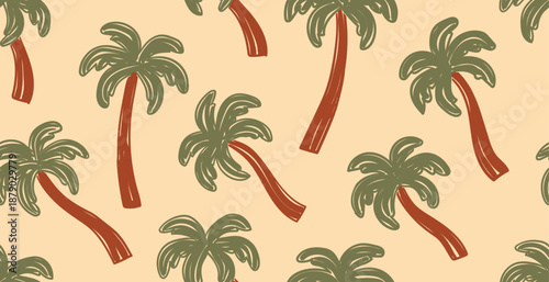 Hand drawn Tropical seamless vector pattern. palm trees beach vibes t-shirt print. Hawaiian florals summer background for fabric.  textiles, clothing, poster, cover, decoration, banner, wallpaper.