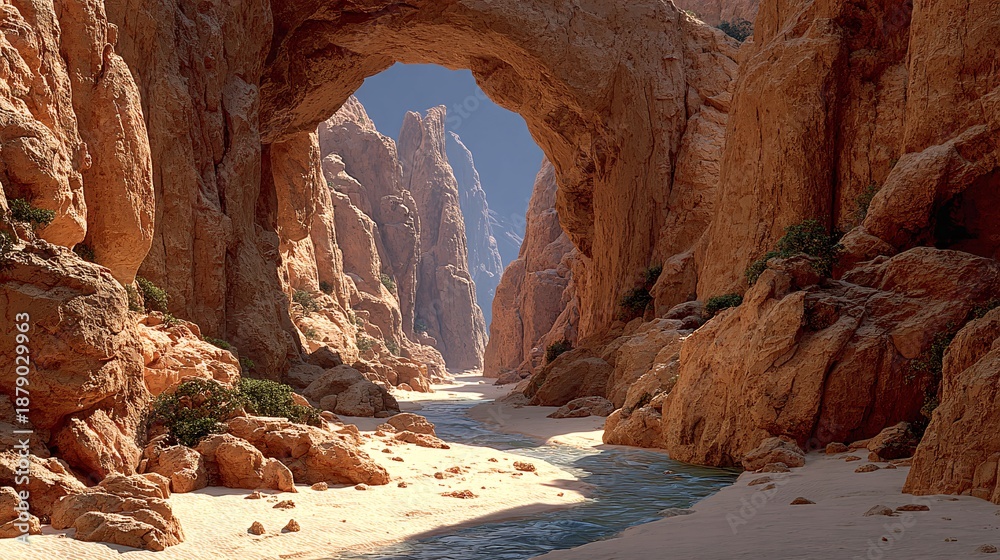 Fototapeta premium Serene Canyon Landscape with River and Orange Rock Formations