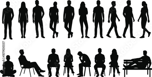 Human silhouette icons, standing and sitting poses, walking and reclining figures, posture variety, ergonomic symbols - flat vector illustration