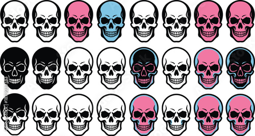 Skull icon grid, colorful stylized heads, pattern recognition puzzle, black pink blue variations - flat vector illustration